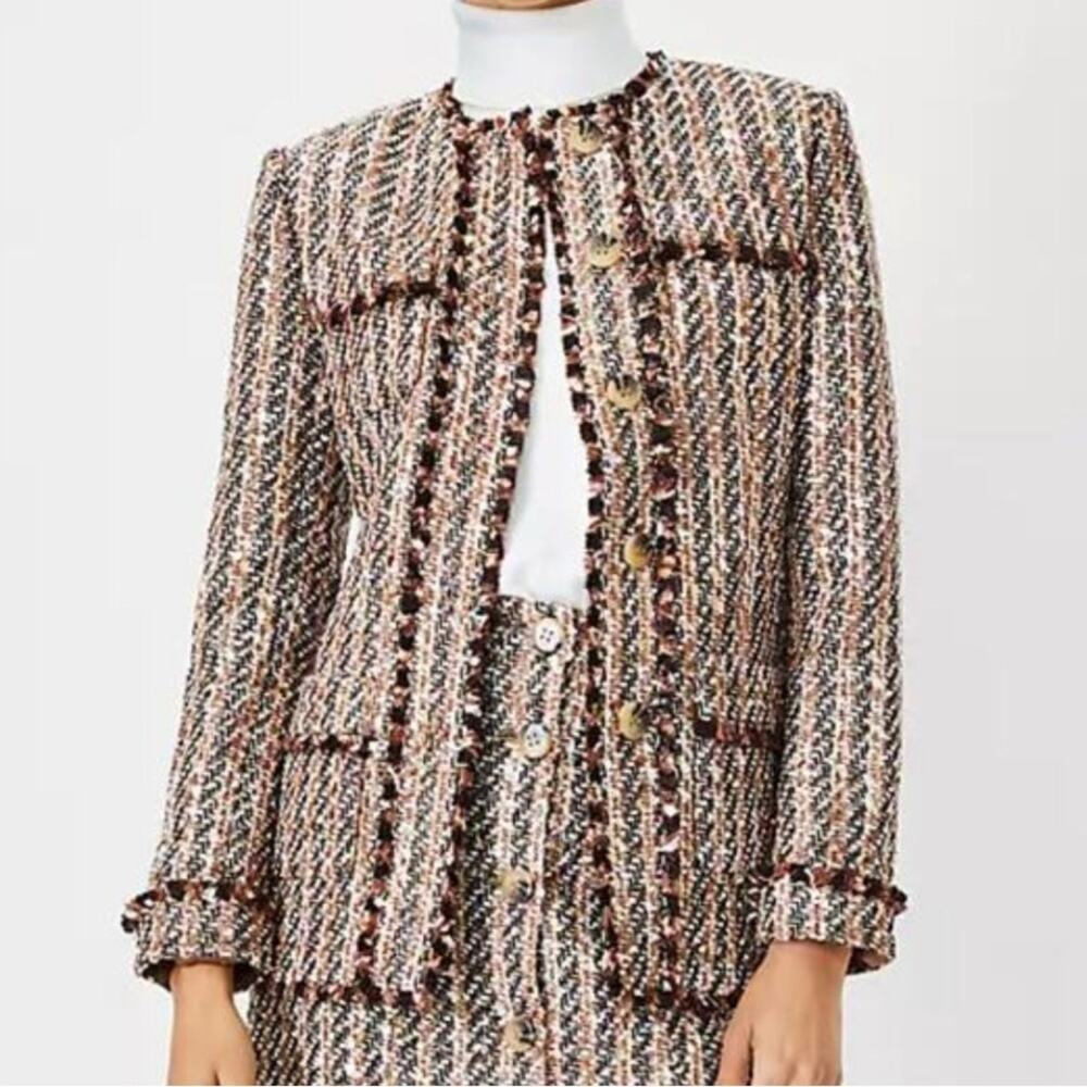 Ann Taylor Metallic Fringe Tweed Blazer Jacket Brown Multi Size 8